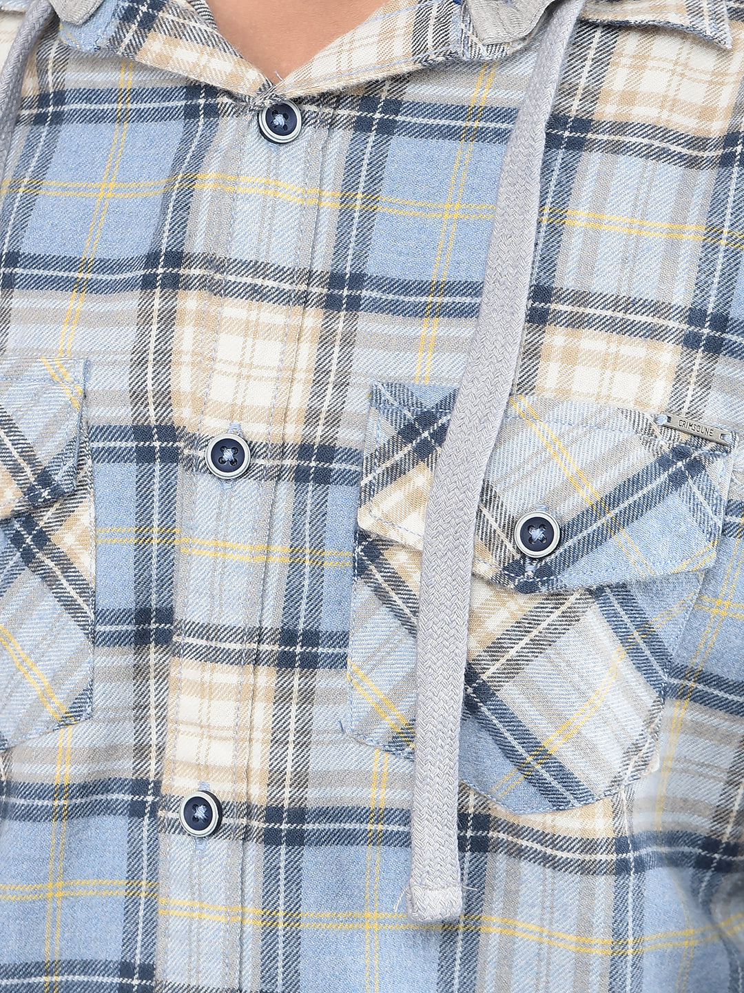 Blue Checked 100% Cotton Hooded Shirt