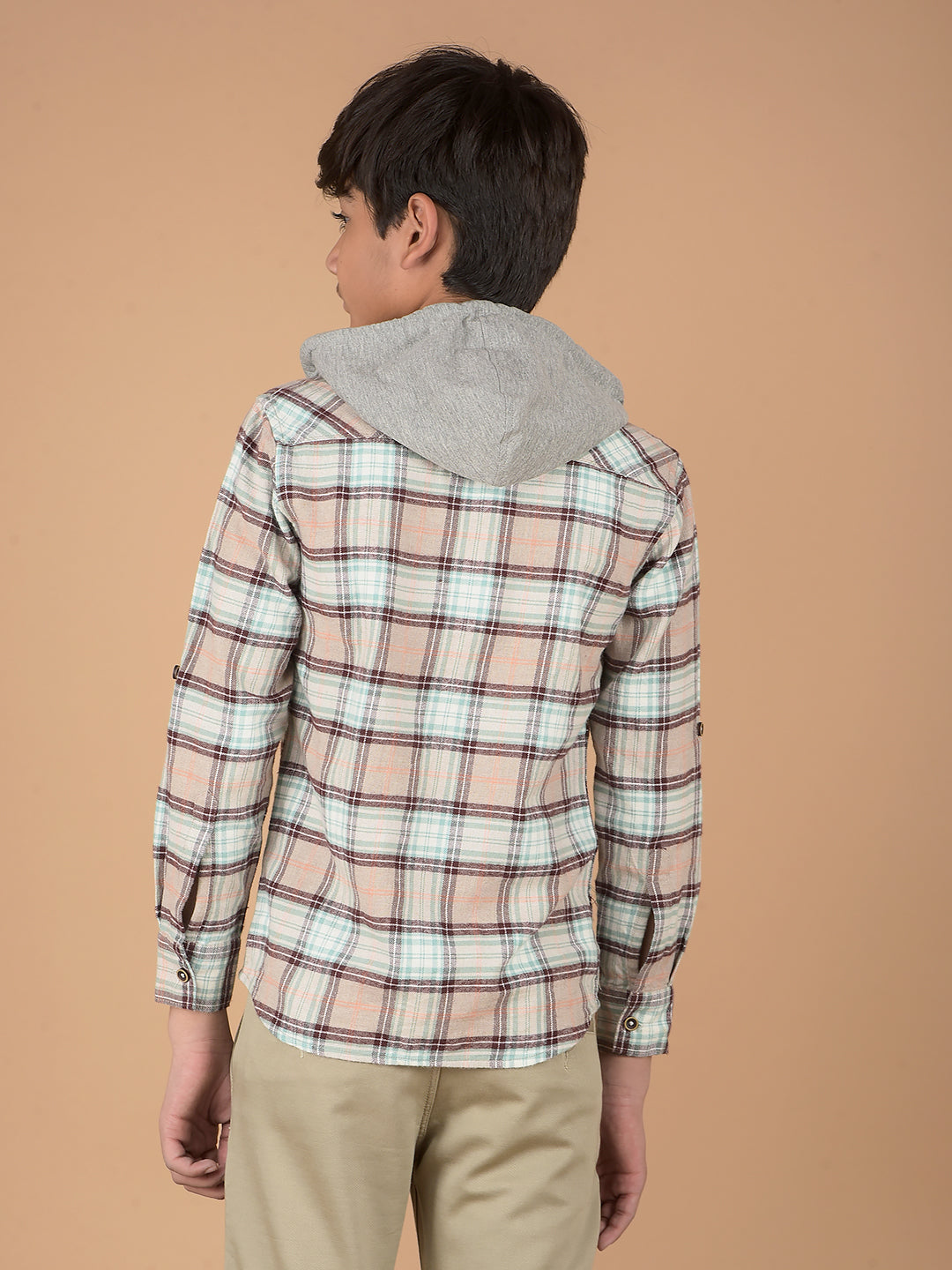 Brown Checked 100% Cotton Hooded Shirt