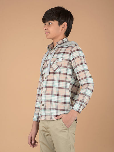 Brown Checked 100% Cotton Hooded Shirt