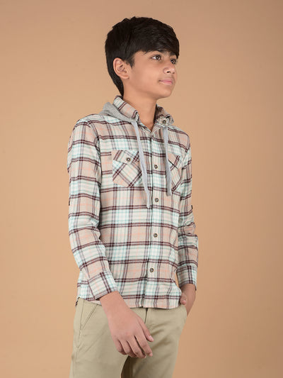 Brown Checked 100% Cotton Hooded Shirt