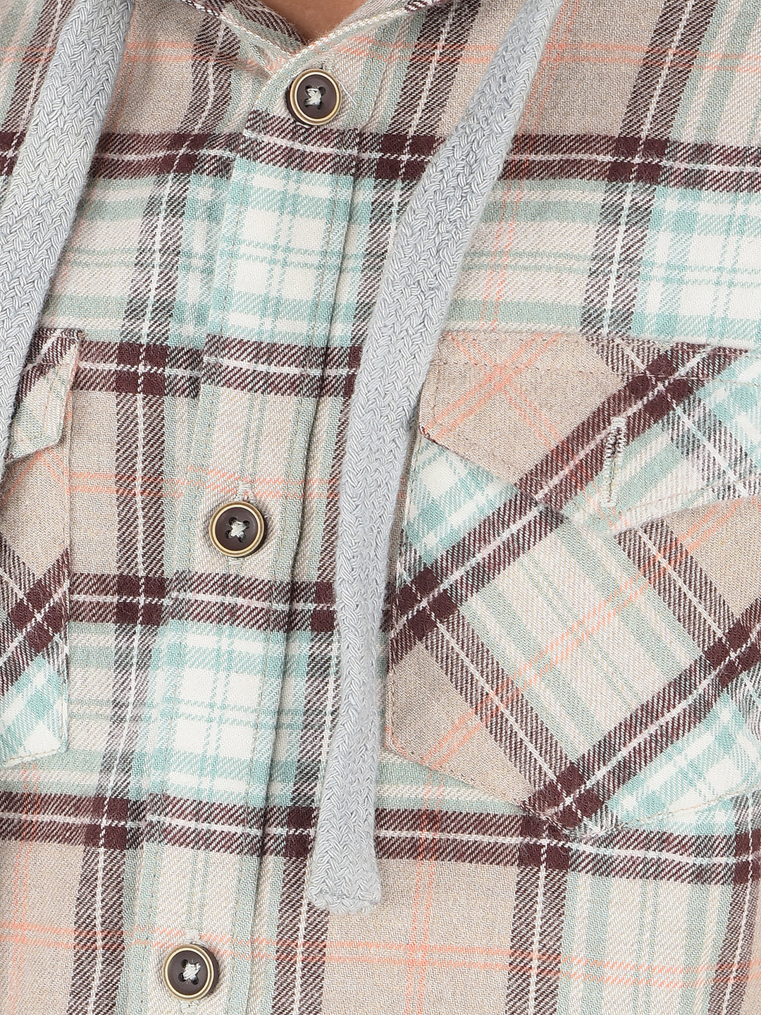 Brown Checked 100% Cotton Hooded Shirt