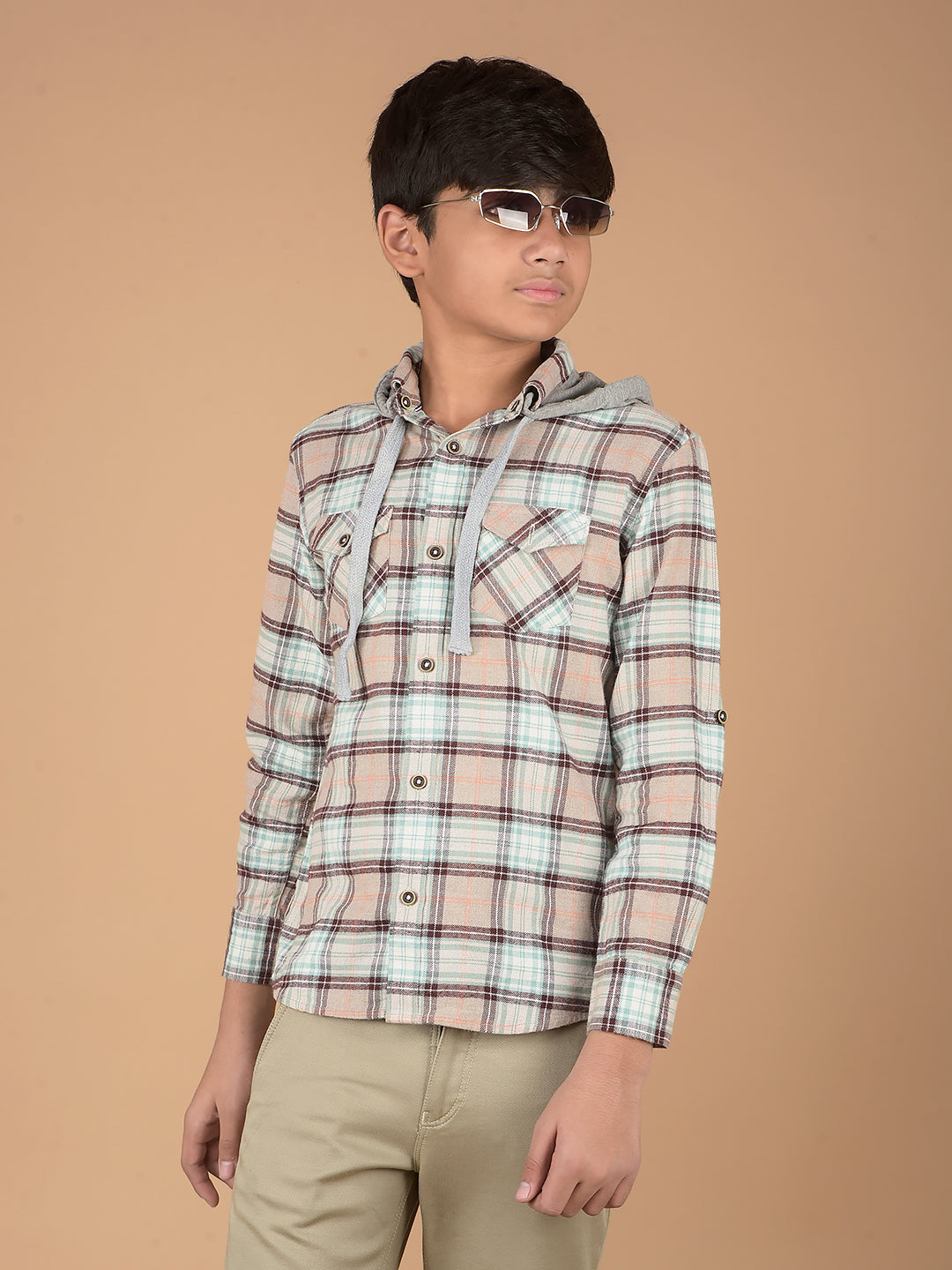 Brown Checked 100% Cotton Hooded Shirt