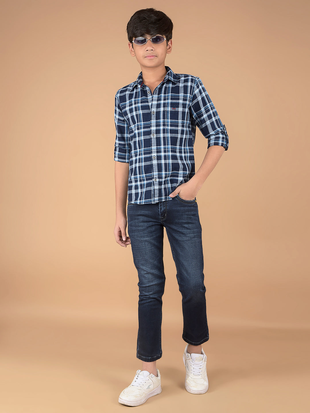 Navy Blue Checked 100% Cotton Shirt