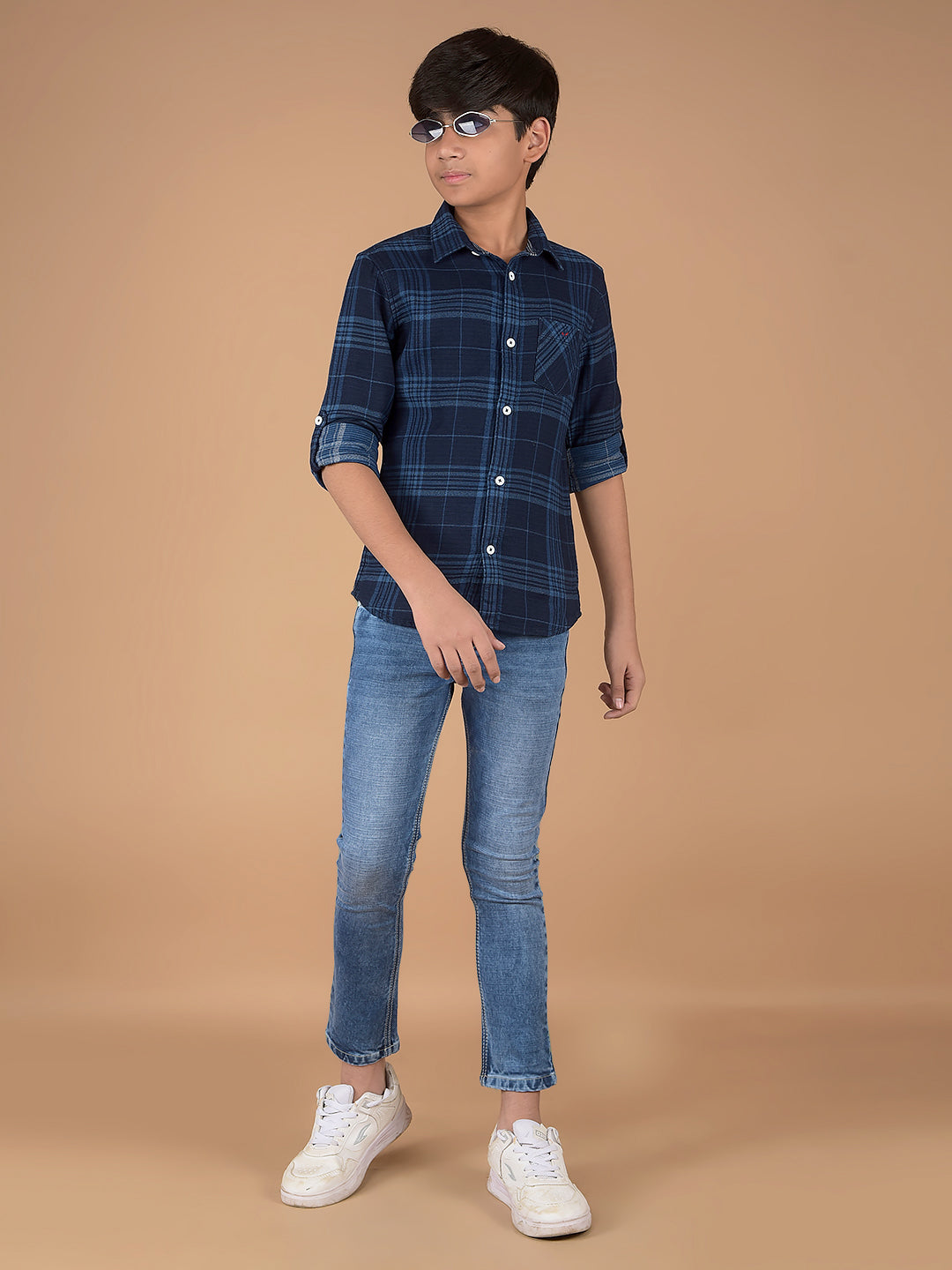 Navy Blue Checked 100% Cotton Shirt