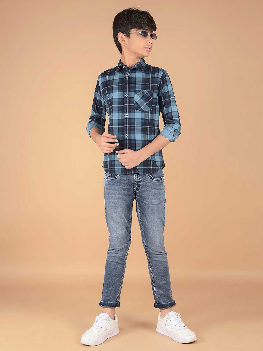 Navy Blue Checked 100% Cotton Shirt