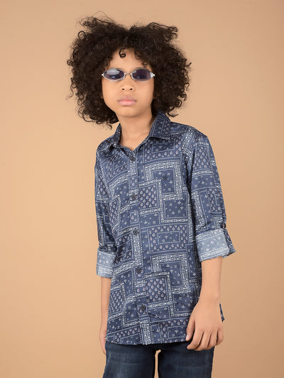 Navy Blue Printed 100% Cotton Shirt