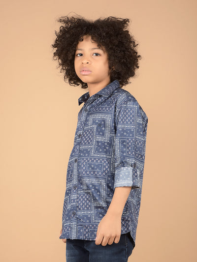 Navy Blue Printed 100% Cotton Shirt