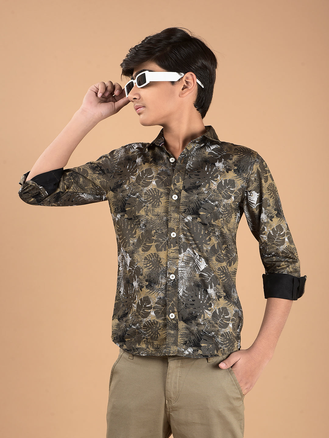 Khaki Floral Print 100% Cotton Shirt