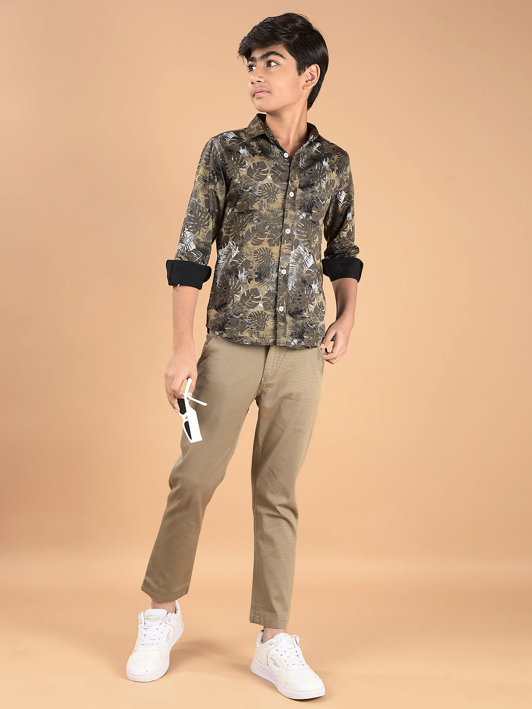 Khaki Floral Print 100% Cotton Shirt