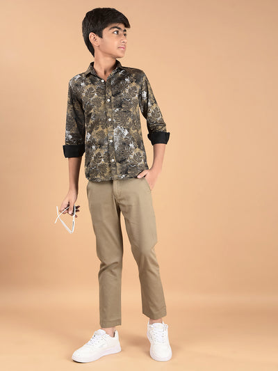 Khaki Floral Print 100% Cotton Shirt