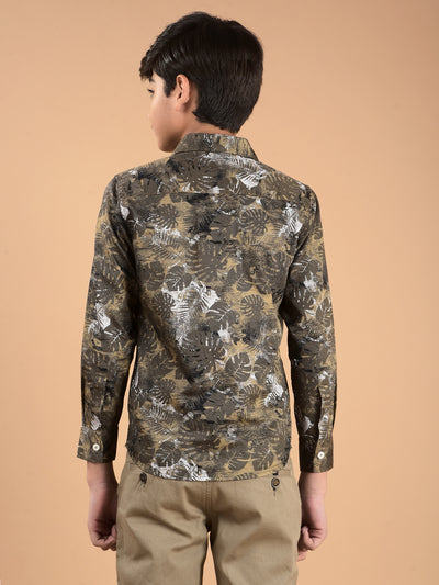 Khaki Floral Print 100% Cotton Shirt