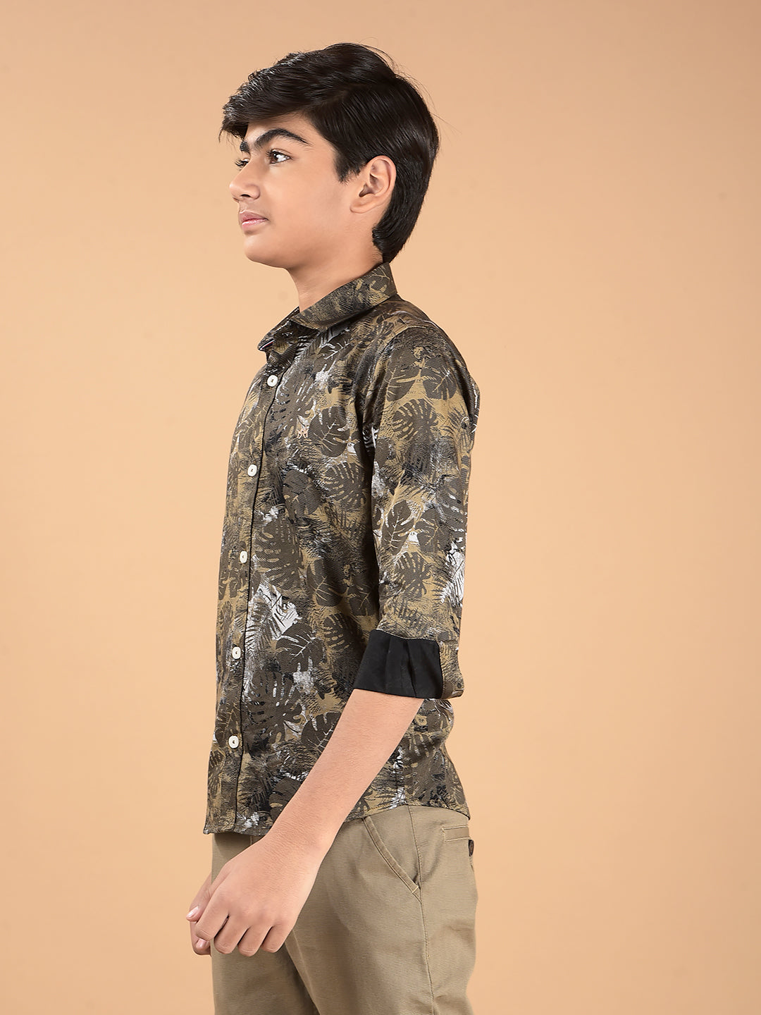 Khaki Floral Print 100% Cotton Shirt