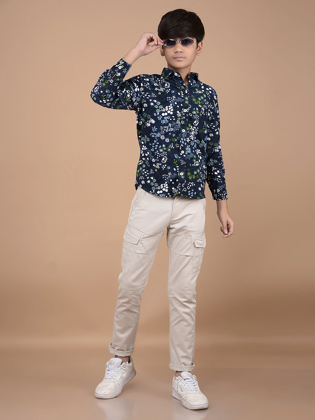 Navy Blue Floral Print 100% Cotton Shirt