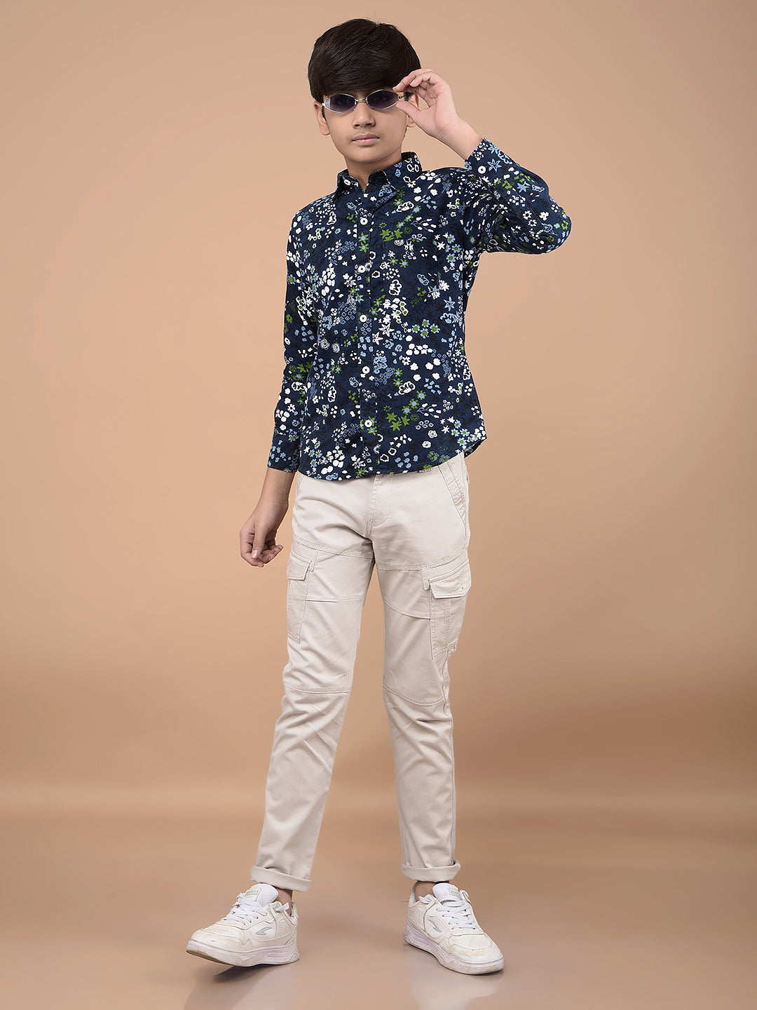 Navy Blue Floral Print 100% Cotton Shirt