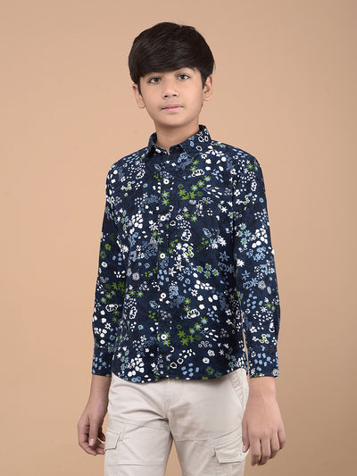 Navy Blue Floral Print 100% Cotton Shirt