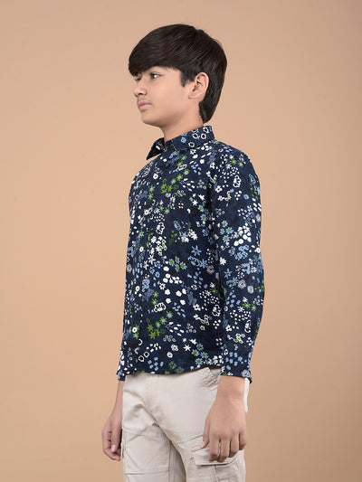 Navy Blue Floral Print 100% Cotton Shirt