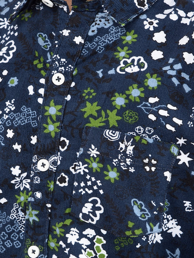 Navy Blue Floral Print 100% Cotton Shirt