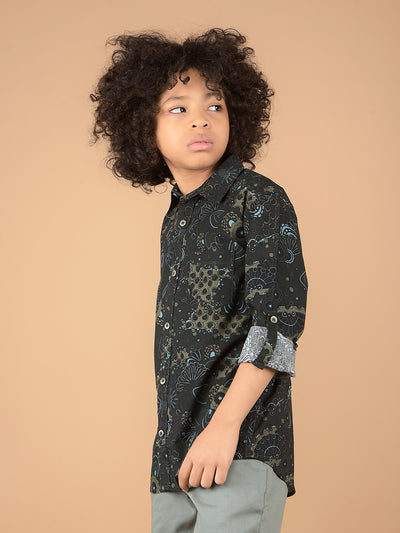 Olive Floral Print 100% Cotton Shirt