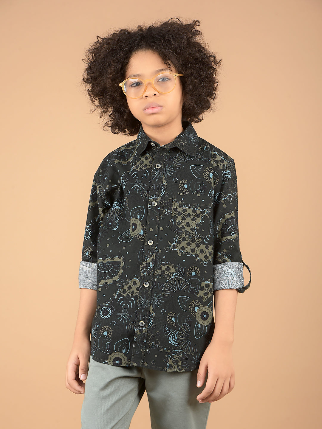 Olive Floral Print 100% Cotton Shirt