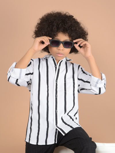 White Vertical Striped 100% Cotton Button Down Collar Shirt-Boys Shirts-Crimsoune Club