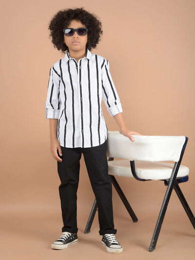 White Vertical Striped 100% Cotton Button Down Collar Shirt-Boys Shirts-Crimsoune Club