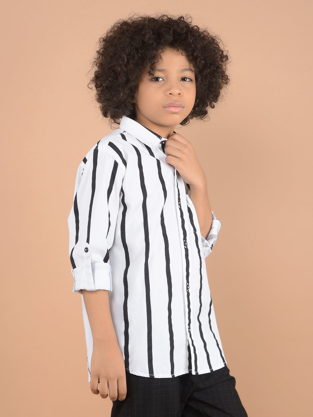 White Vertical Striped 100% Cotton Button Down Collar Shirt-Boys Shirts-Crimsoune Club