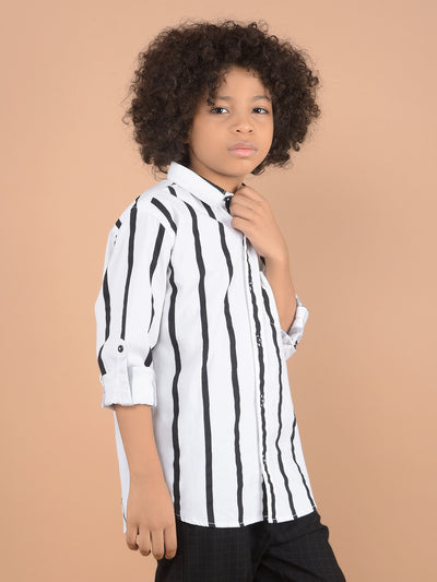 White Vertical Striped 100% Cotton Button Down Collar Shirt-Boys Shirts-Crimsoune Club