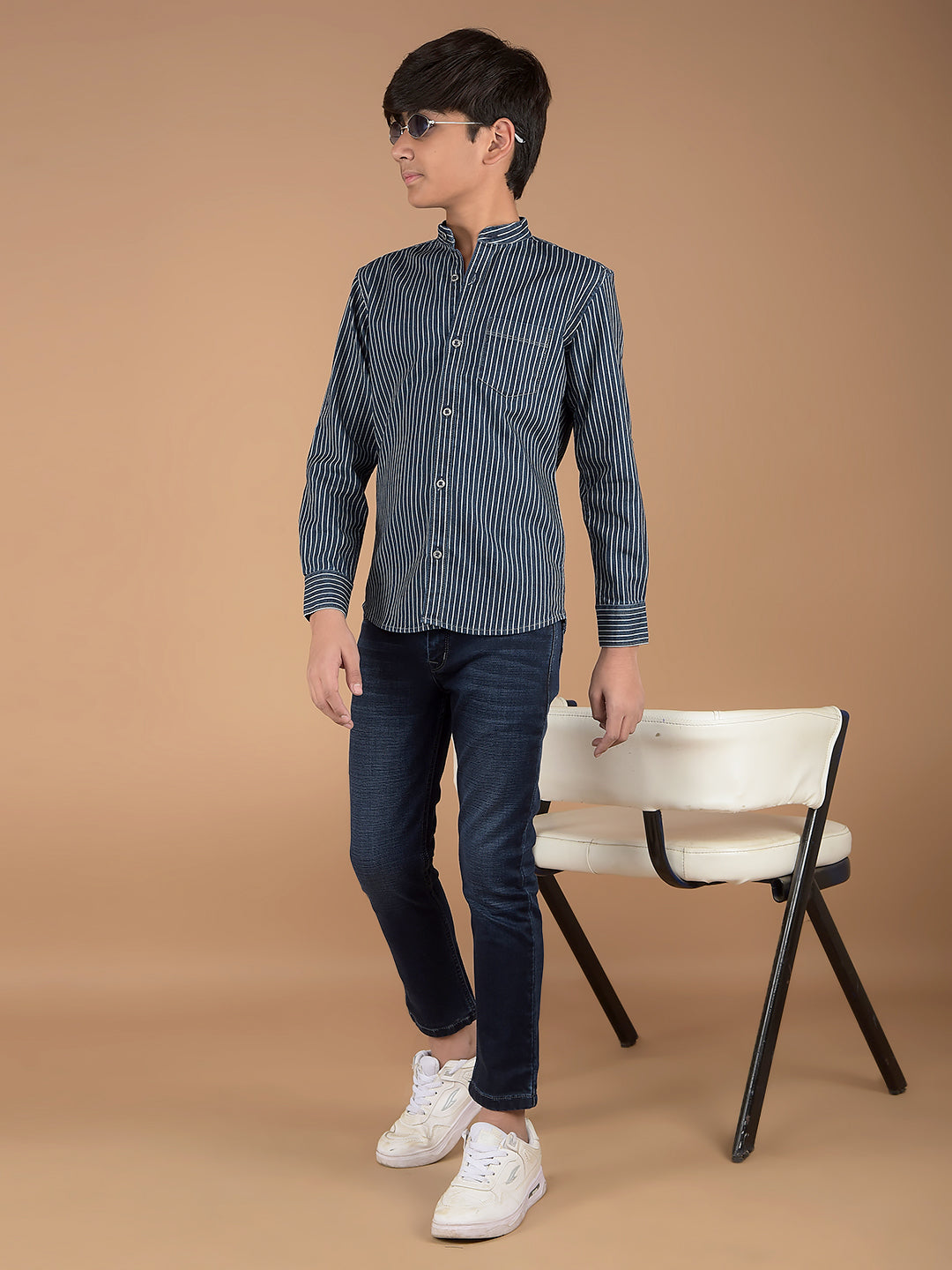 Navy Blue Vertical Stripes Denim Shirt