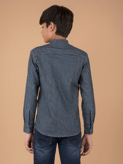 Navy Blue Vertical Stripes Denim Shirt