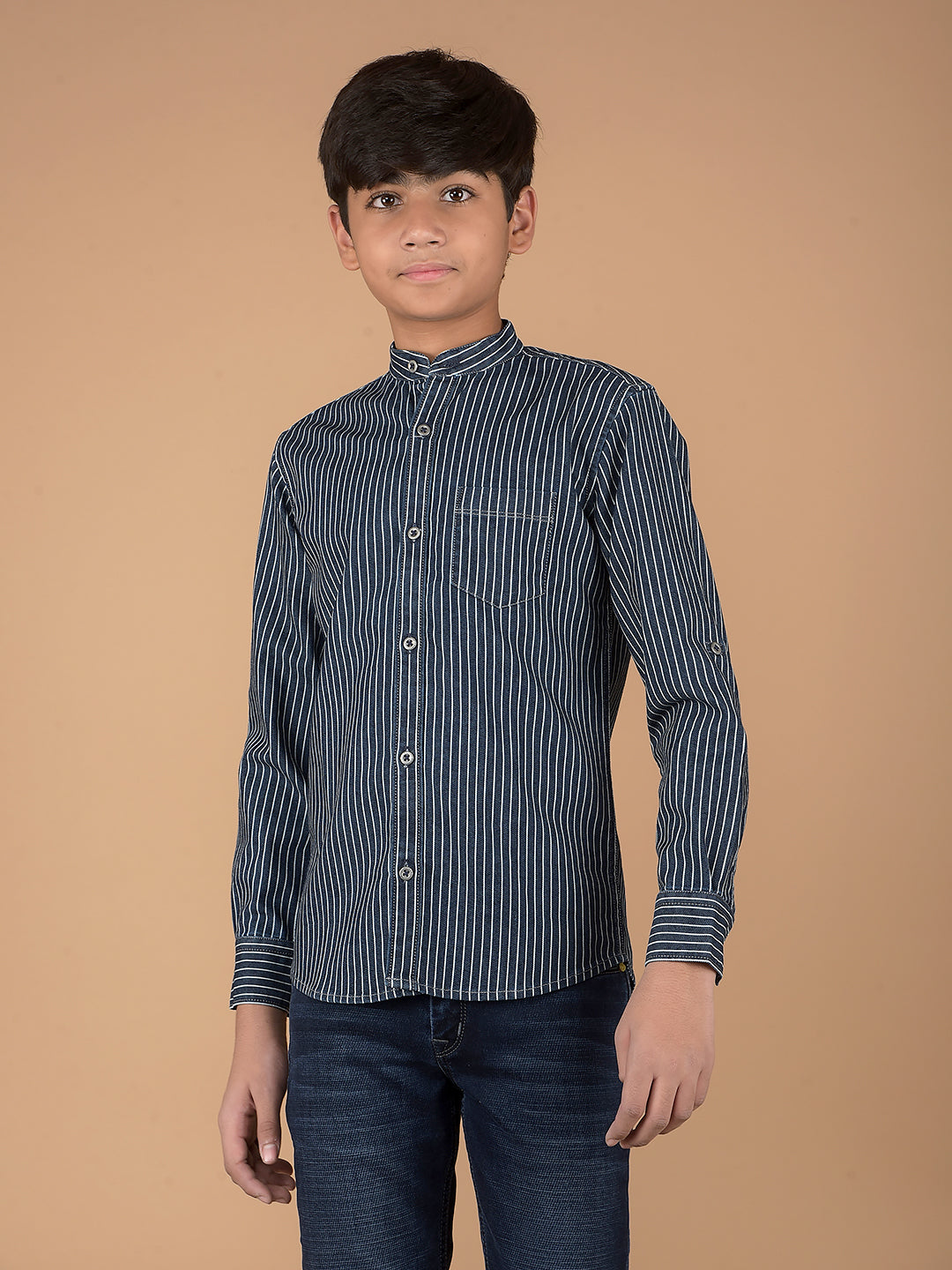 Navy Blue Vertical Stripes Denim Shirt