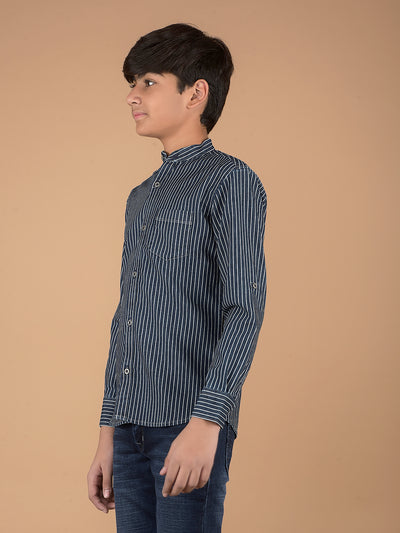 Navy Blue Vertical Stripes Denim Shirt