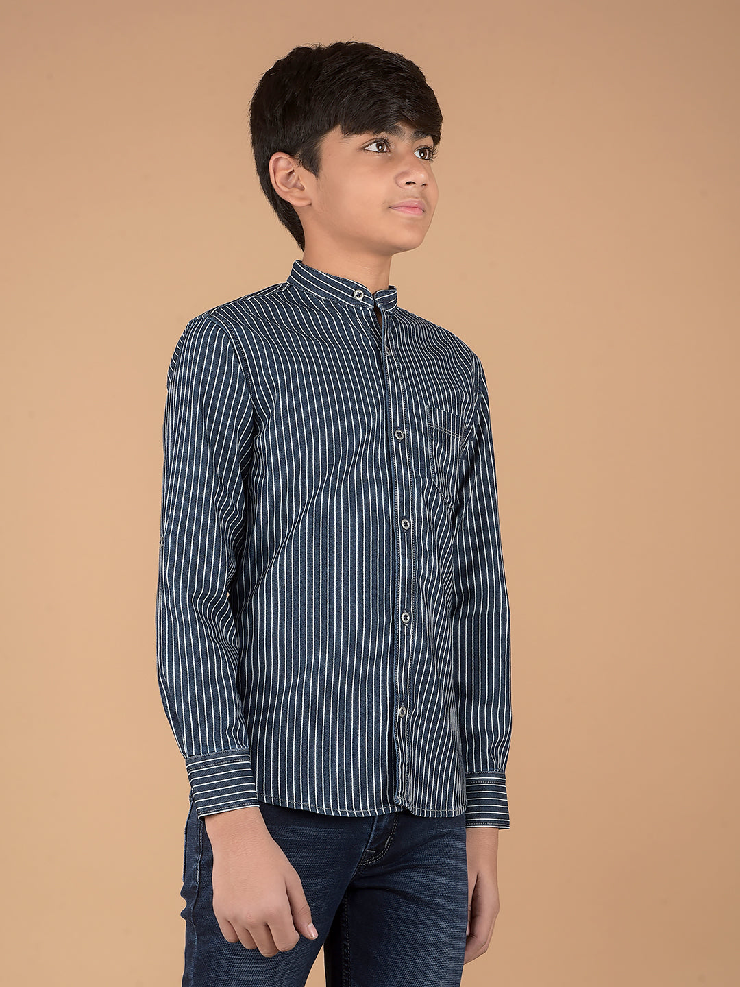 Navy Blue Vertical Stripes Denim Shirt