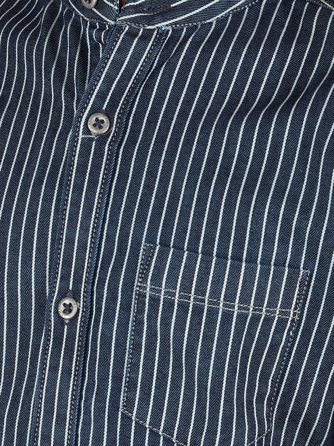 Navy Blue Vertical Stripes Denim Shirt