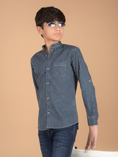 Navy Blue Vertical Stripes Denim Shirt