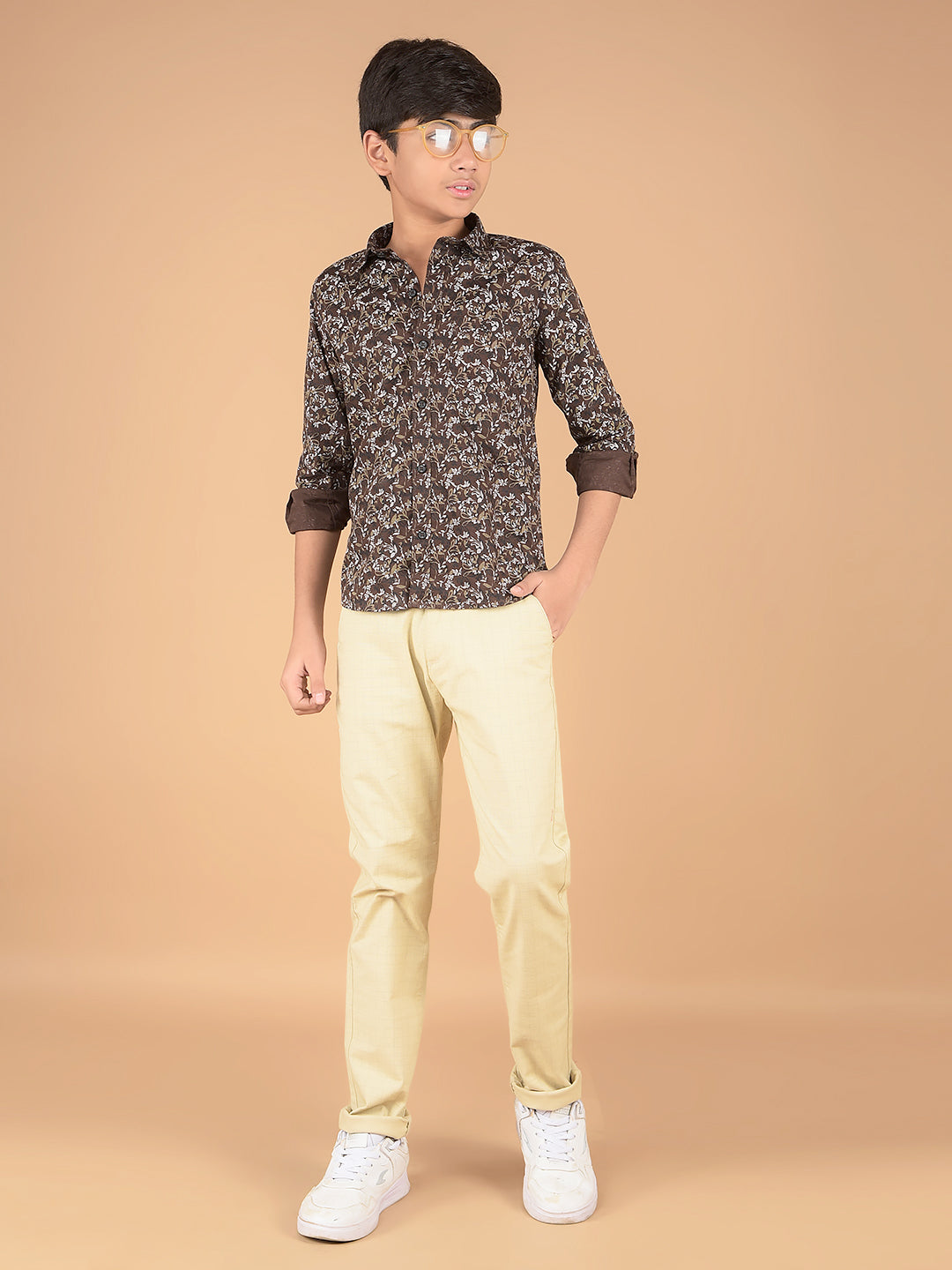 Brown Floral Print 100% Cotton Shirt