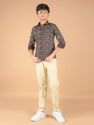 Brown Floral Print 100% Cotton Shirt