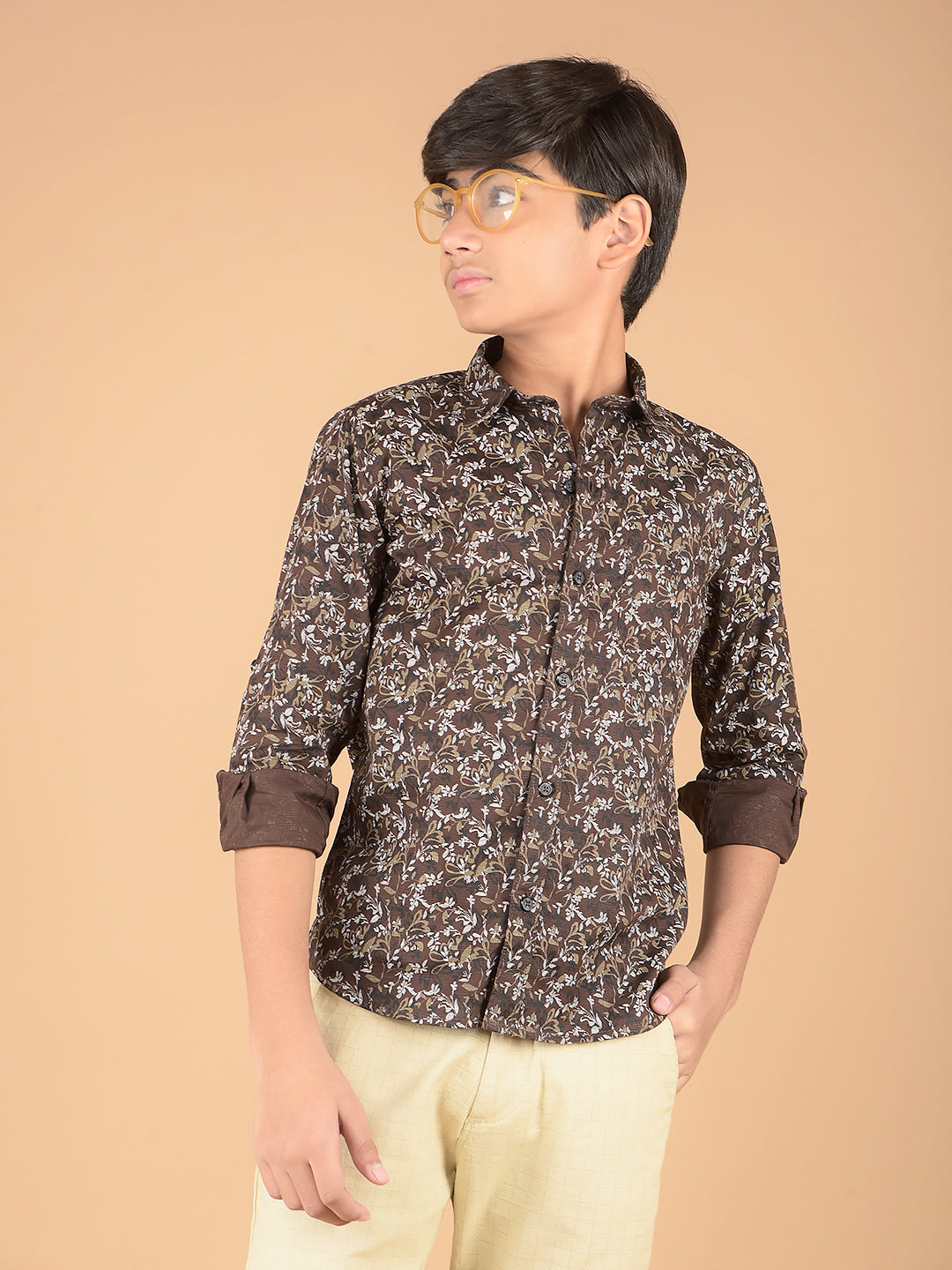 Brown Floral Print 100% Cotton Shirt