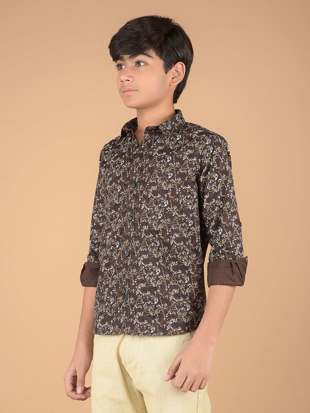 Brown Floral Print 100% Cotton Shirt