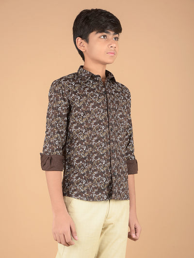 Brown Floral Print 100% Cotton Shirt