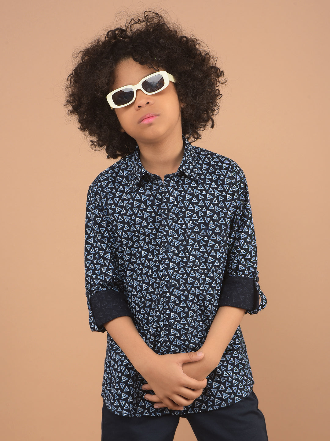 Navy Blue Printed 100% Cotton Shirt-Boy Shirts-Crimsoune Club