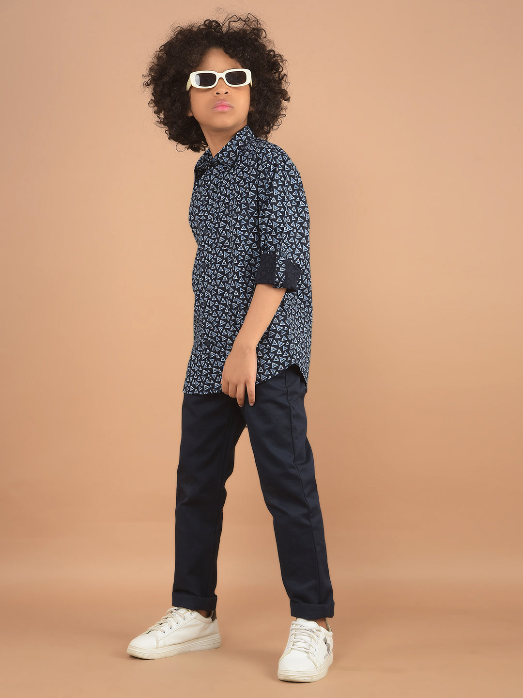 Navy Blue Printed 100% Cotton Shirt-Boy Shirts-Crimsoune Club