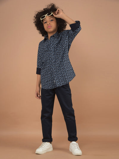 Navy Blue Printed 100% Cotton Shirt-Boy Shirts-Crimsoune Club