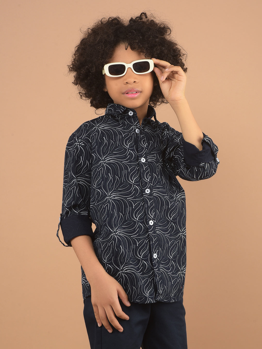 Navy Blue Printed 100% Cotton Shirt-Boy Shirts-Crimsoune Club