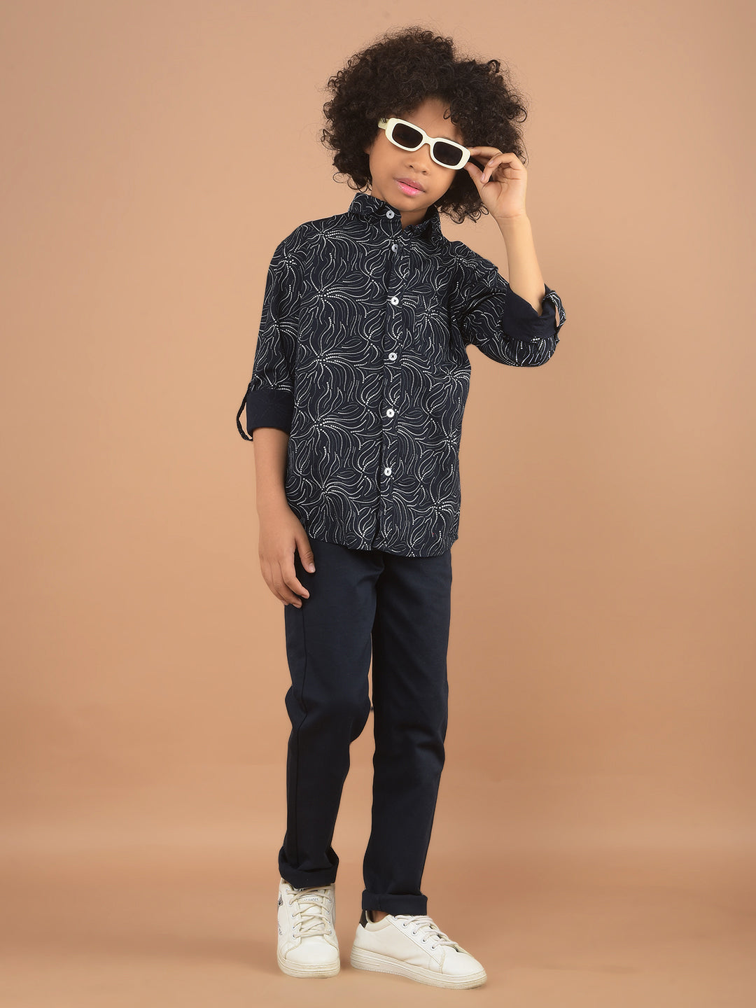 Navy Blue Printed 100% Cotton Shirt-Boy Shirts-Crimsoune Club