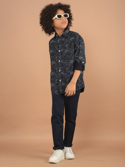 Navy Blue Printed 100% Cotton Shirt-Boy Shirts-Crimsoune Club