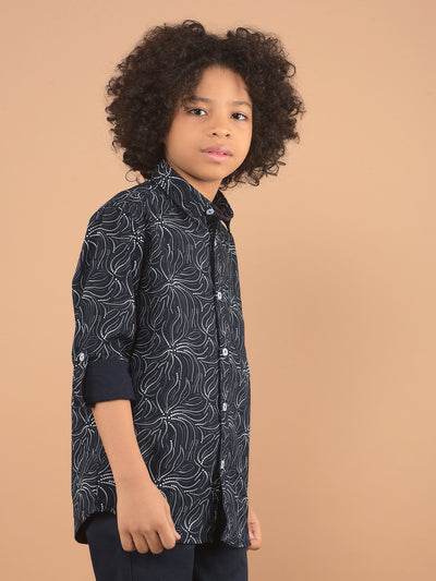 Navy Blue Printed 100% Cotton Shirt-Boy Shirts-Crimsoune Club