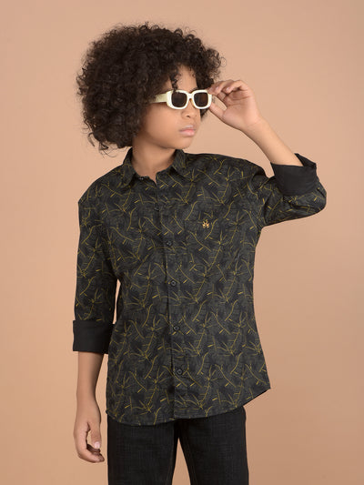 Black Floral Print 100% Cotton Button Down Collar Shirt-Boys Shirts-Crimsoune Club