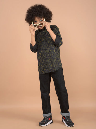 Black Floral Print 100% Cotton Button Down Collar Shirt-Boys Shirts-Crimsoune Club