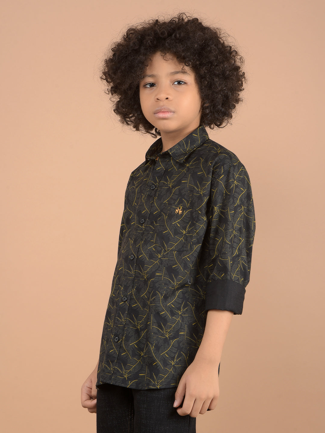 Black Floral Print 100% Cotton Button Down Collar Shirt-Boys Shirts-Crimsoune Club