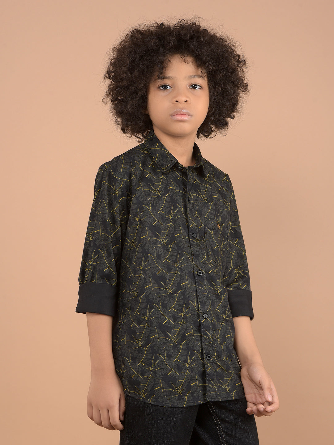 Black Floral Print 100% Cotton Button Down Collar Shirt-Boys Shirts-Crimsoune Club